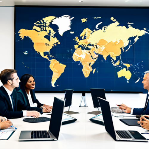 International Business Expansion**

"A diverse team of business professionals collaborating on a global expansion strategy in a modern office. One team member points to a world map displayed on a large screen. Documents and laptops are on the table. The atmosphere is collaborative and energetic. Everyone is fully clothed in professional attire. Focus on strategic planning and global connectivity. Safe for work, appropriate content, perfect anatomy, natural proportions, professional, family-friendly."

**