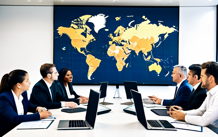 International Business Expansion**
"A diverse team of business professionals collaborating on a global expansion strategy in a modern office. One team member points to a world map displayed on a large screen. Documents and laptops are on the table. The atmosphere is collaborative and energetic. Everyone is fully clothed in professional attire. Focus on strategic planning and global connectivity. Safe for work, appropriate content, perfect anatomy, natural proportions, professional, family-friendly."
**