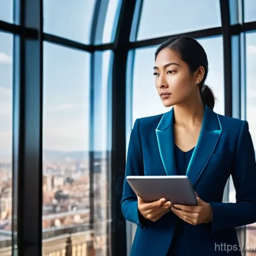 국제비즈니스 자격 취득을 위한 학습 계획 - **Prompt:** A young, ambitious female professional, early 30s, stands in a sophisticated, sunlit uni...