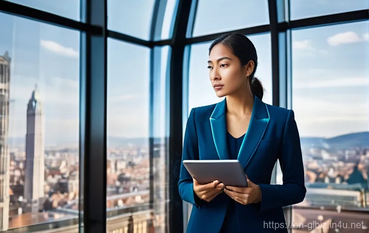 국제비즈니스 자격 취득을 위한 학습 계획 - **Prompt:** A young, ambitious female professional, early 30s, stands in a sophisticated, sunlit uni...