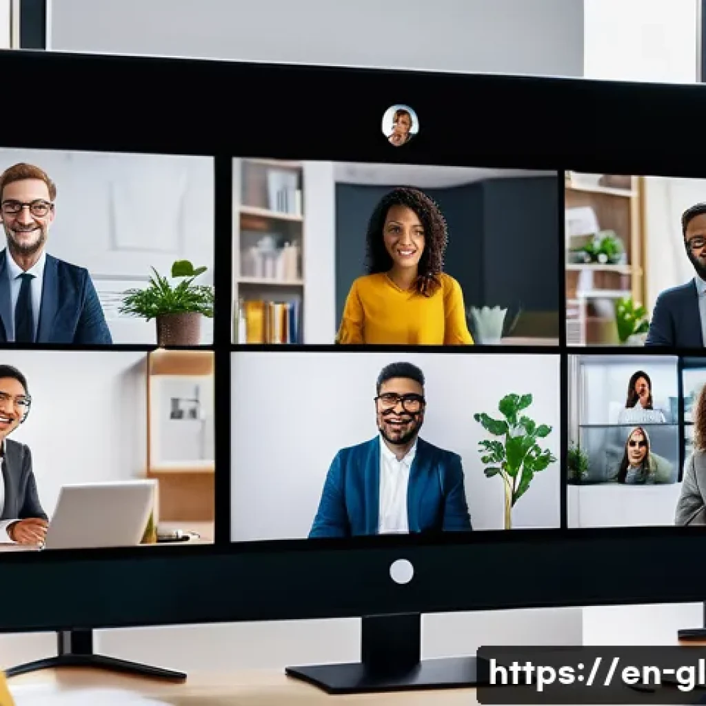 국제비즈니스 자격증 합격 후 커리어 관리 - A diverse group of international business professionals engaging in a virtual global conference, wit...