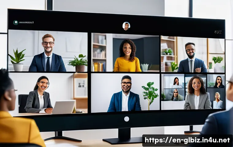 국제비즈니스 자격증 합격 후 커리어 관리 - A diverse group of international business professionals engaging in a virtual global conference, wit...