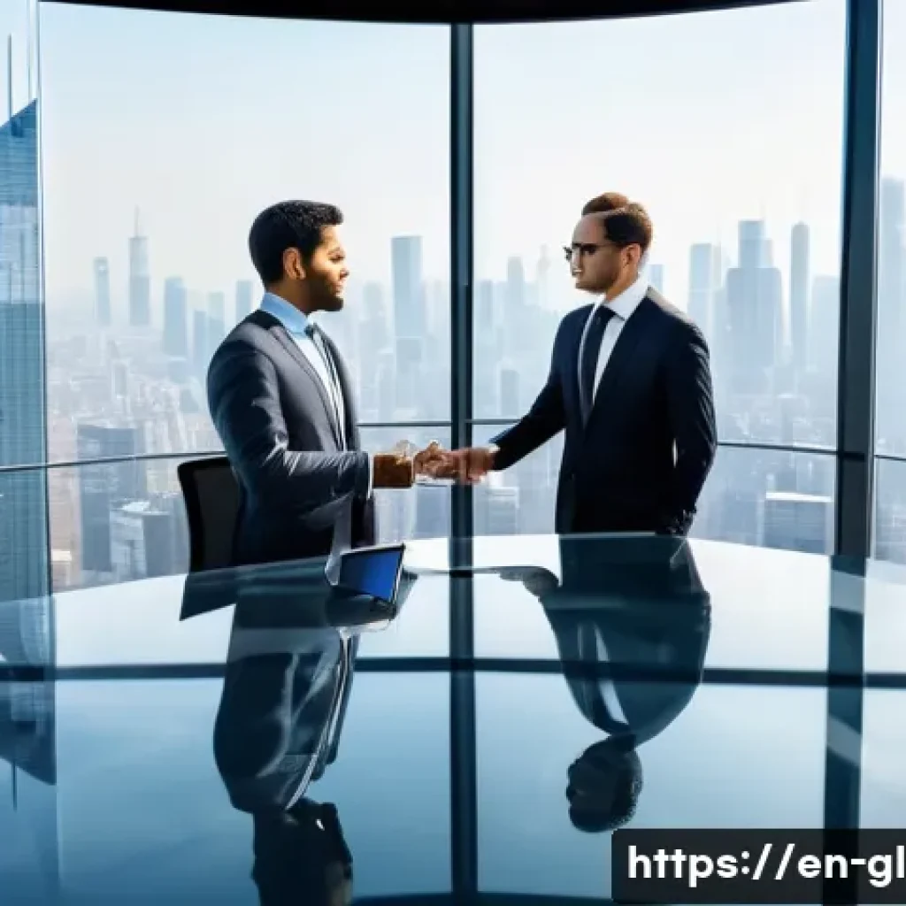 국제비즈니스 비즈니스모델 분석 방법 - A modern international business meeting scene in a sleek glass office overlooking a global city skyl...