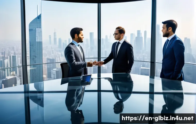 국제비즈니스 비즈니스모델 분석 방법 - A modern international business meeting scene in a sleek glass office overlooking a global city skyl...