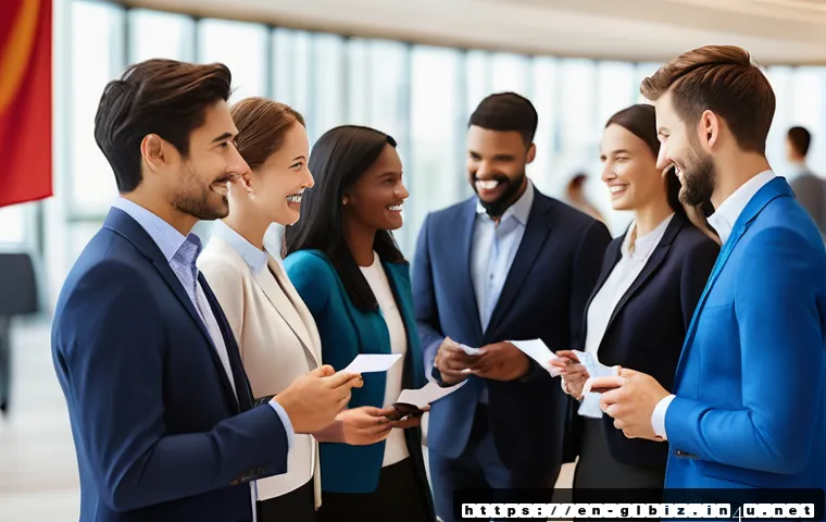 국제비즈니스 자격증 취득 후 커리어 성장 - A diverse group of professional adults in business casual attire networking at an international busi...