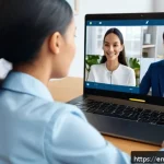 국제비즈니스매니저 필수 소프트스킬 - A diverse international business team engaged in a virtual meeting, showcasing professionals from va...