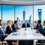 국제비즈니스매니저의 해외 법률 이슈 - A modern corporate office scene showing a diverse team of international business professionals gathe...