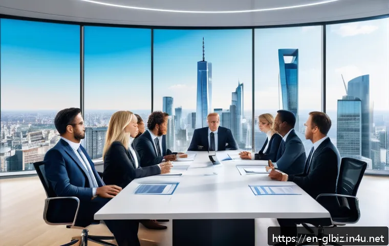 국제비즈니스매니저의 해외 법률 이슈 - A modern corporate office scene showing a diverse team of international business professionals gathe...