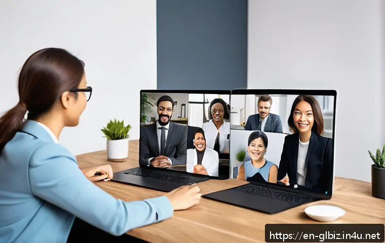 국제비즈니스매니저로서 성과관리 비결 - A diverse international business team engaged in a lively virtual meeting, featuring people of vario...