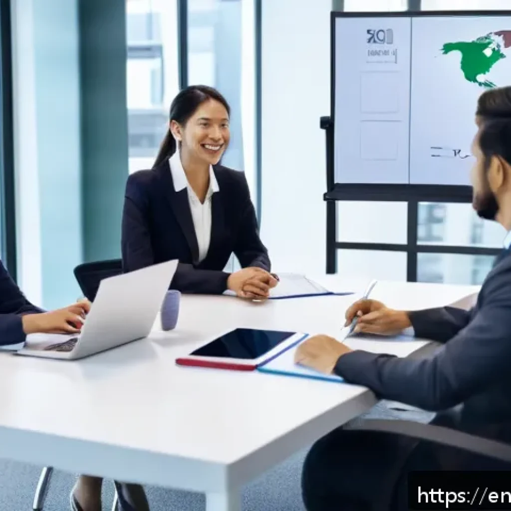 국제비즈니스 실무 경험 쌓는 방법 - A diverse group of international business professionals engaged in a virtual meeting using a sleek, ...