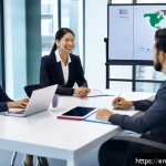 국제비즈니스 실무 경험 쌓는 방법 - A diverse group of international business professionals engaged in a virtual meeting using a sleek, ...