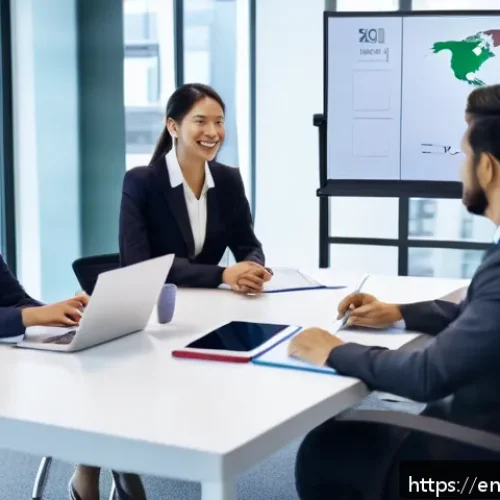 국제비즈니스 실무 경험 쌓는 방법 - A diverse group of international business professionals engaged in a virtual meeting using a sleek, ...