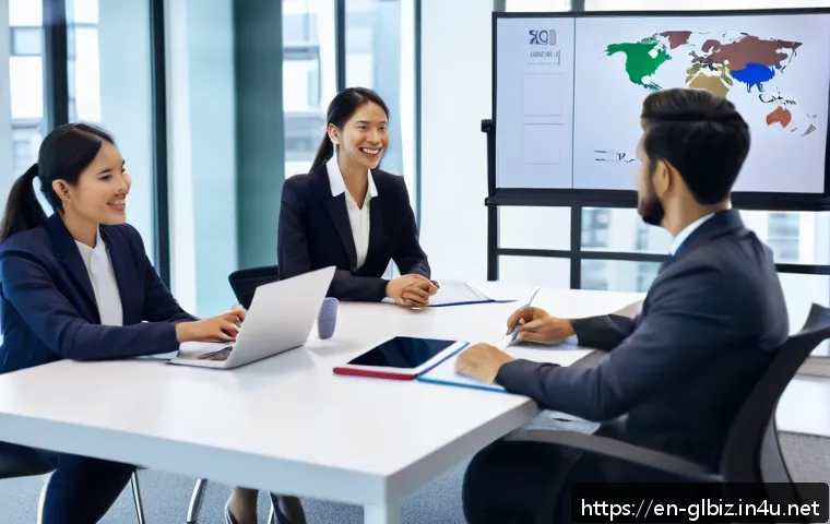 국제비즈니스 실무 경험 쌓는 방법 - A diverse group of international business professionals engaged in a virtual meeting using a sleek, ...