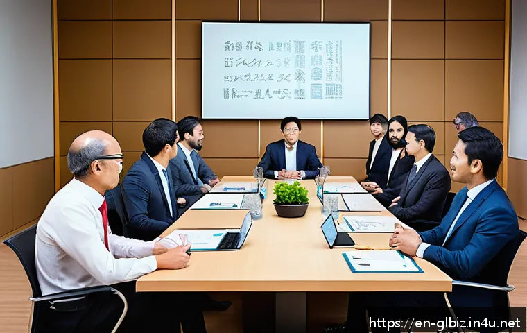 국제비즈니스 실무 활용 사례 연구 - A diverse group of international business professionals engaging in a cross-cultural negotiation mee...